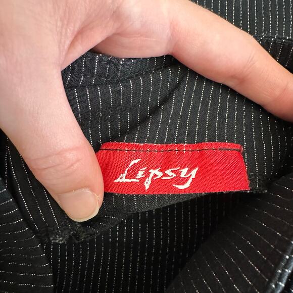 Vintage Y2K Lipsy Black Pinstripe Strapless Buckle Dress Made in USA, Size Small - Picture 2 of 8